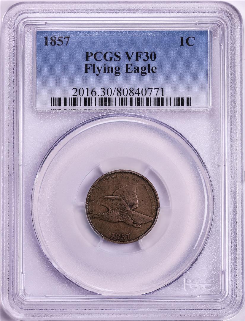 1857 Flying Eagle Cent Coin PCGS VF30: One 1857 Flying Eagle Cent Coin PCGS VF30. PCGS Graded.