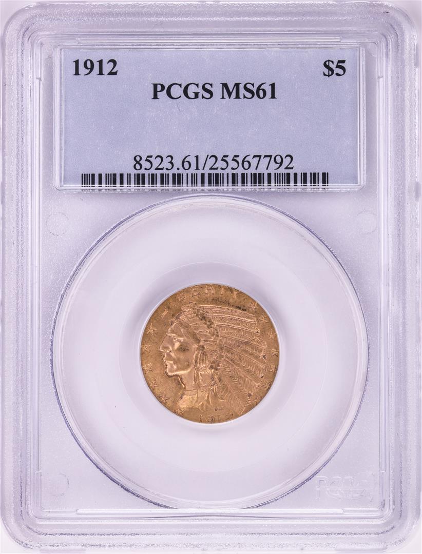 1912 $5 Indian Head Half Eagle Gold Coin PCGS MS61: One 1912 $5 Indian Head Half Eagle Gold Coin PCGS MS61. PCGS Graded.