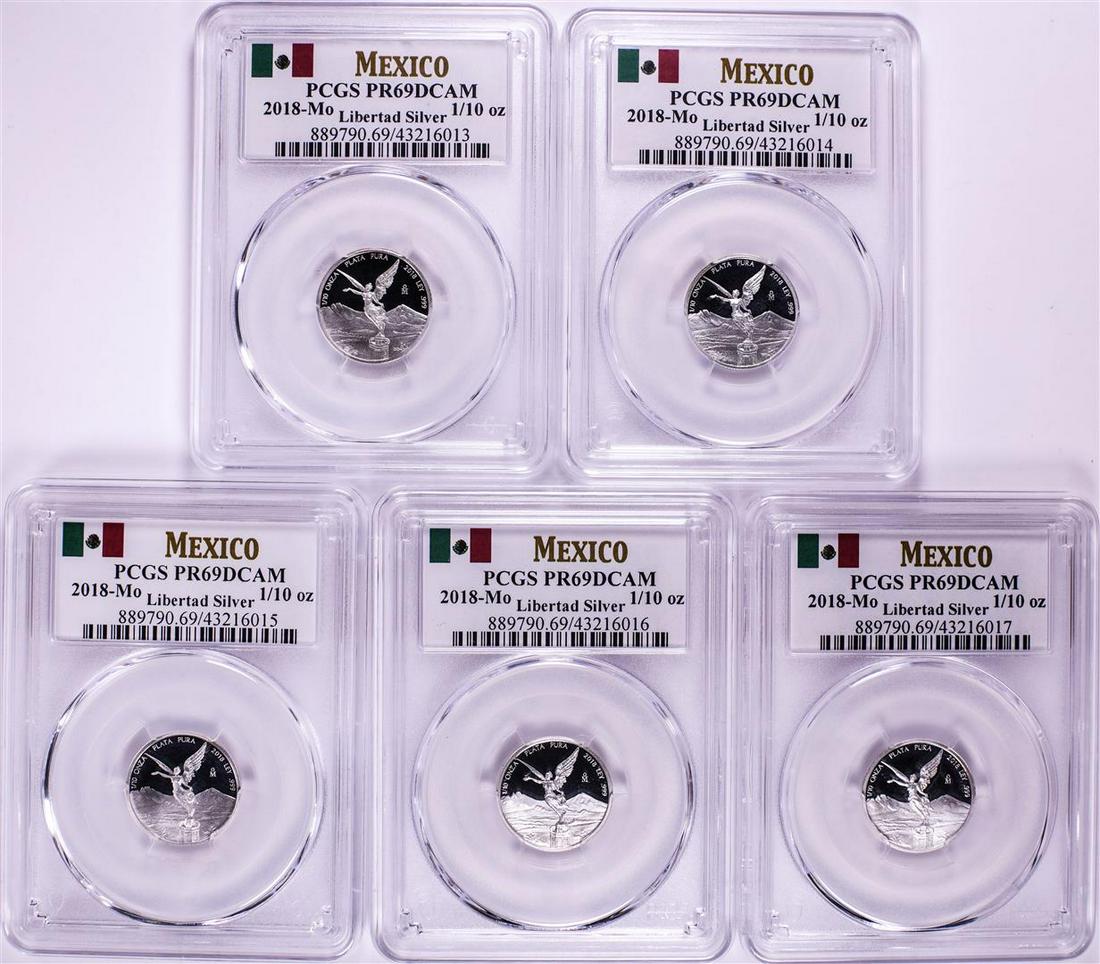 Lot of (5) 2018-Mo Mexico Proof 1/10 oz Silver Libertad Coin PCGS PR69DCAM: One Lot of (5) 2018-Mo Mexico Proof 1/10 oz Silver Libertad Coin PCGS PR69DCAM. PCGS Graded.