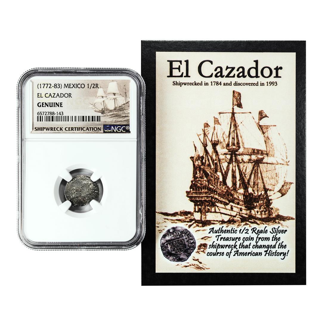 El Cazador Shipwreck (1772-83) Mexico 1/2 Real Silver Coin NGC Genuine w/ Story Card: One El Cazador Shipwreck (1772-83) Mexico 1/2 Real Silver Coin NGC Genuine w/ Story Card. NGC Certified.
