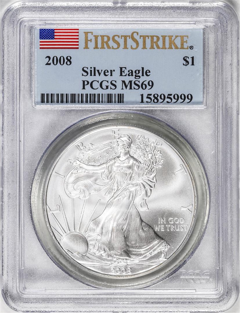 2008 American Silver Eagle Coin PCGS MS69 First Strike: One 2008 American Silver Eagle Coin PCGS MS69 First Strike. PCGS Graded.