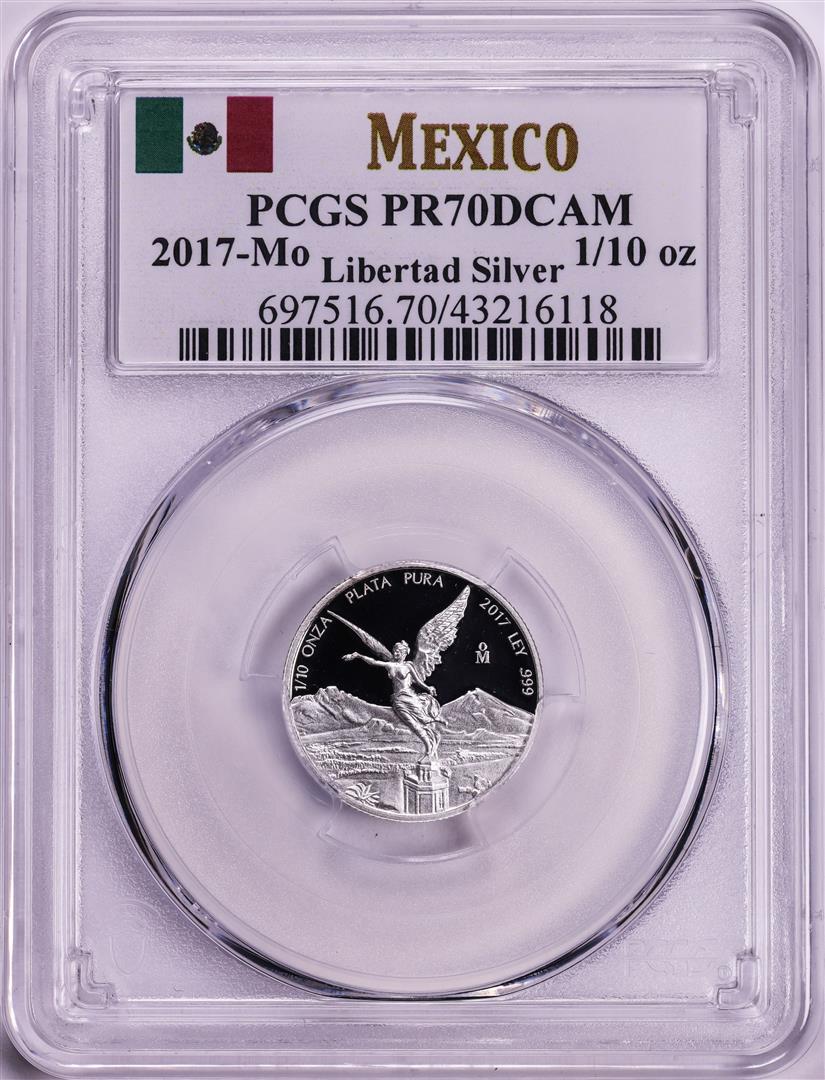 2017-Mo Mexico Proof 1/10 oz Silver Libertad Coin PCGS PR70DCAM: One 2017-Mo Mexico Proof 1/10 oz Silver Libertad Coin PCGS PR70DCAM. PCGS Graded.