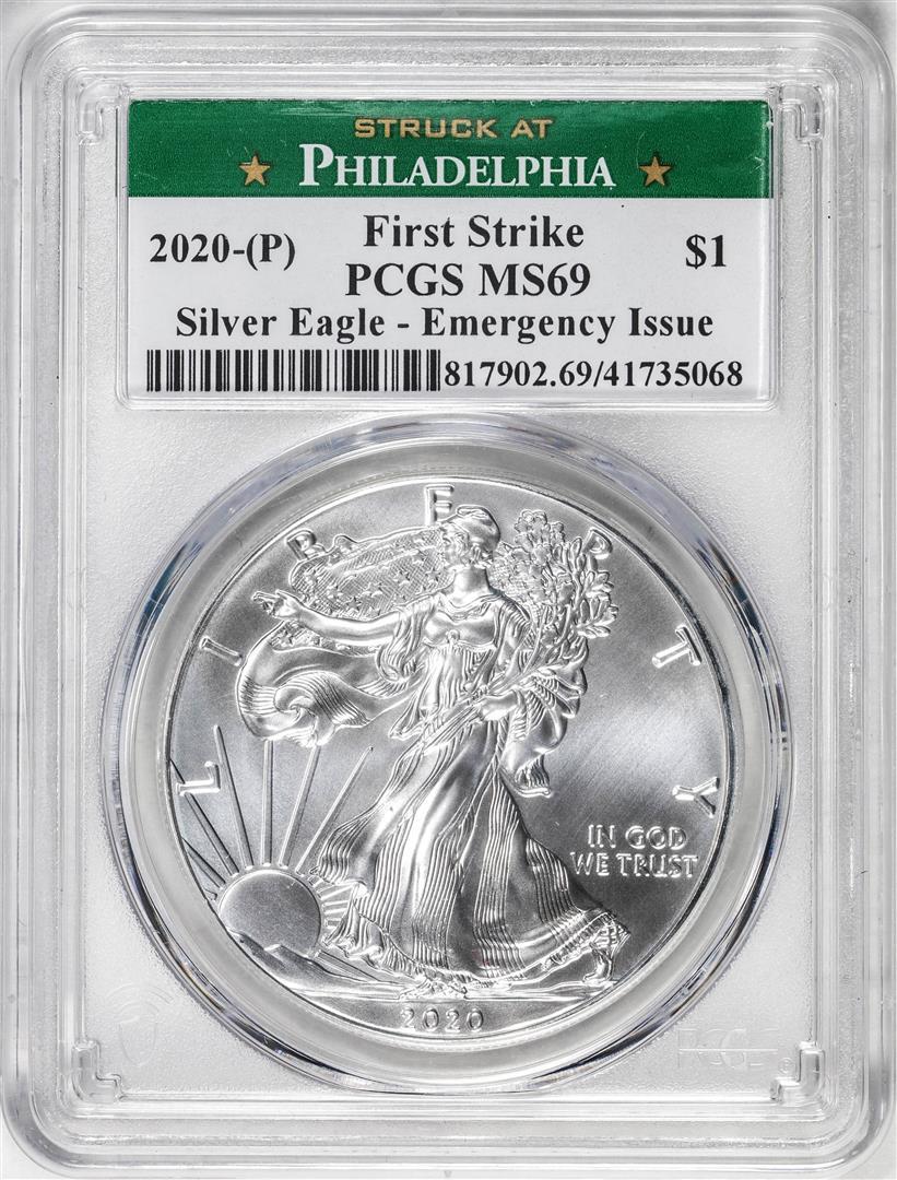 2020-(P) American Silver Eagle Coin PCGS MS69 Emergency Issue Philadelphia: One 2020-(P) American Silver Eagle Coin PCGS MS69 Emergency Issue Philadelphia. PCGS Graded.