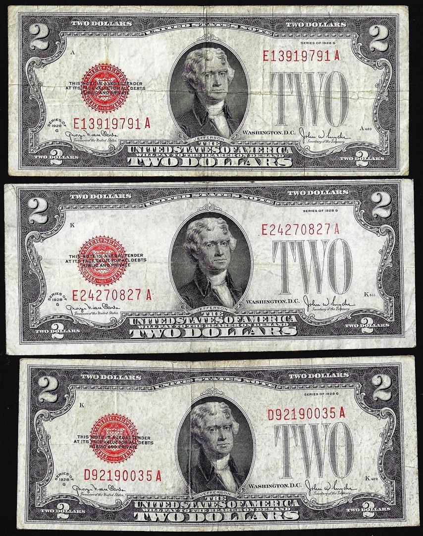 Lot of (3) 1928G $2 Legal Tender Notes: One Lot of (3) 1928G $2 Legal Tender Notes.