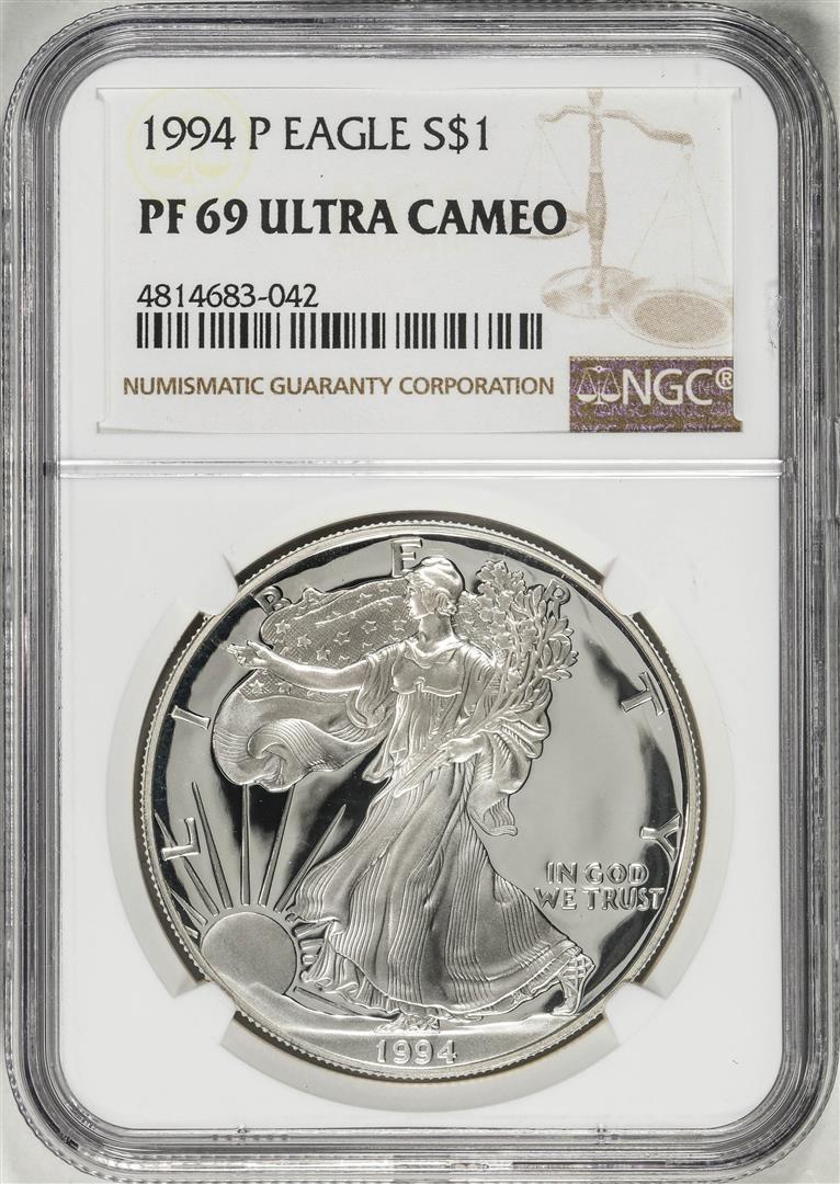 1994-P $1 Proof American Silver Eagle Coin NGC PF69 Ultra Cameo: One 1994-P $1 Proof American Silver Eagle Coin NGC PF69 Ultra Cameo. NGC Certified.