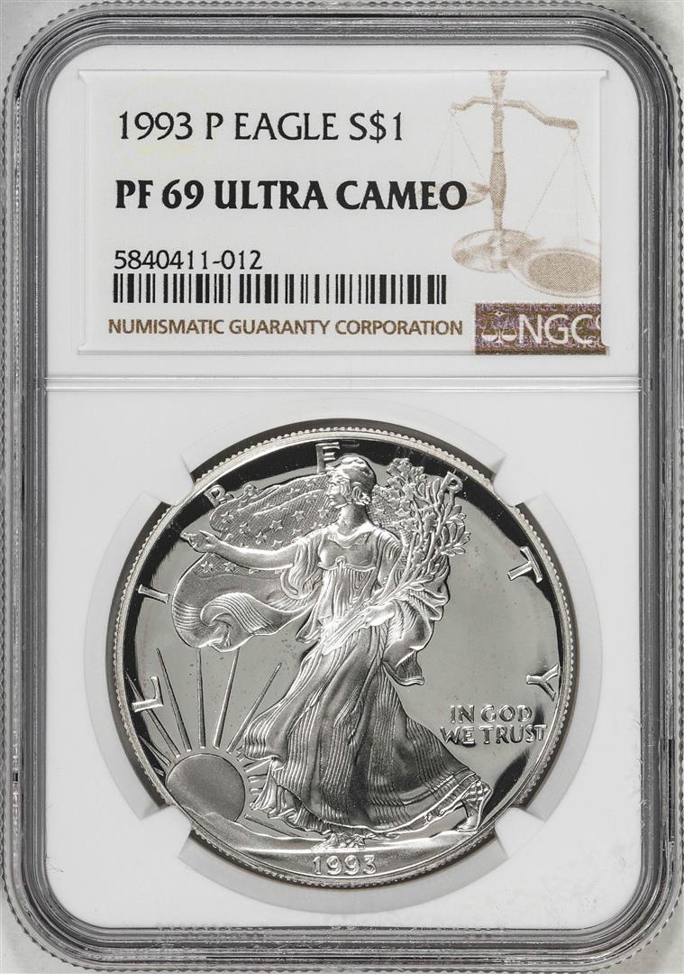 1993-P $1 Proof American Silver Eagle Coin NGC PF69 Ultra Cameo: One 1993-P $1 Proof American Silver Eagle Coin NGC PF69 Ultra Cameo. NGC Certified.