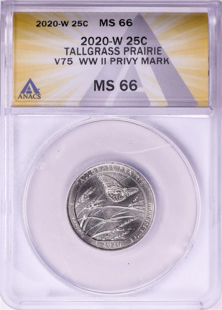 2020-W V75 WWII Privy Mark Tallgrass Prairie Quarter Coin ANACS MS66: One 2020-W V75 WWII Privy Mark Tallgrass Prairie Quarter Coin ANACS MS66. ANACS Certified.