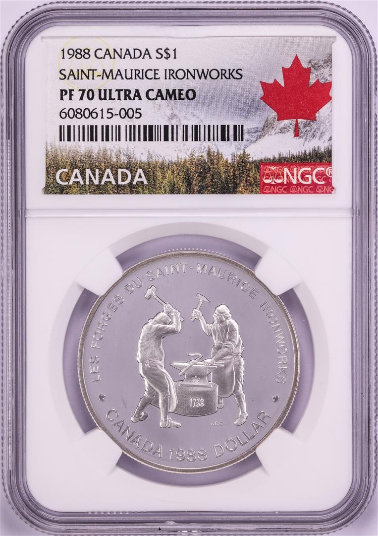 1988 $1 Proof Canada Saint-Maurice Ironworks Silver Dollar Coin NGC PF70 Ultra Cameo: One 1988 $1 Proof Canada Saint-Maurice Ironworks Silver Dollar Coin NGC PF70 Ultra Cameo. NGC Certified.