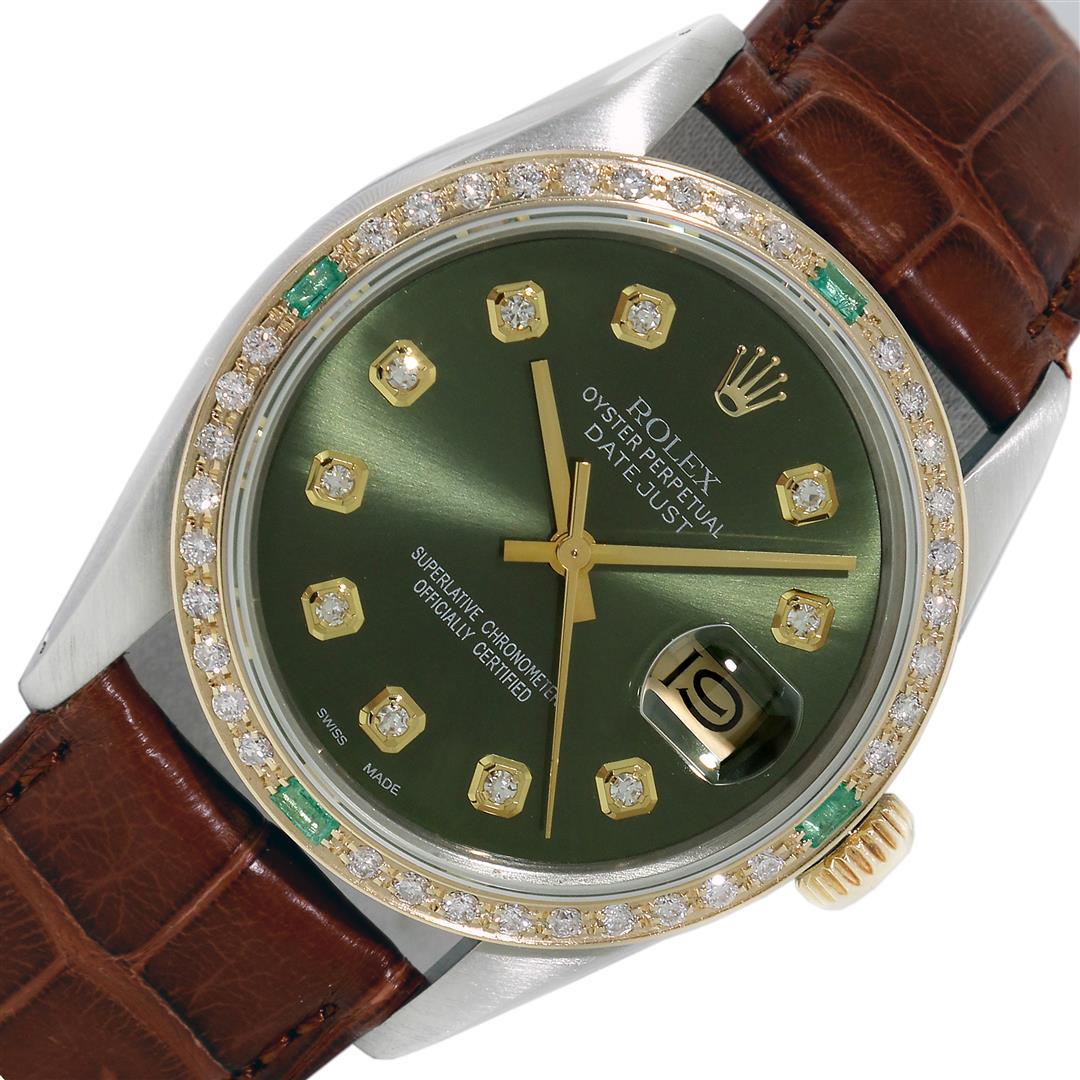 Rolex Men's Two Tone Olive Green Diamond Oyster Perpetual Wristwatch with Leather Band: One Men's Yellow Gold Two Tone Rolex Datejust Polished, Serviced & Electronically Tested, Yellow Gold & Stainless Steel Case: 36mm, Rolex Yellow Gold Crown, Custom Bezel: New 18K Yellow Gold Emerald B