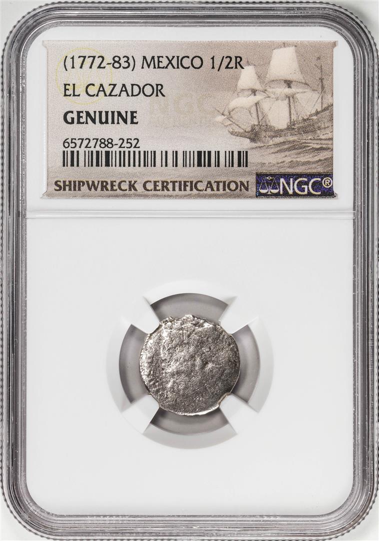 El Cazador Shipwreck (1772-83) Mexico 1/2 Real Silver Coin NGC Genuine w/ Story Card: One El Cazador Shipwreck (1772-83) Mexico 1/2 Real Silver Coin NGC Genuine w/ Story Card. NGC Certified.