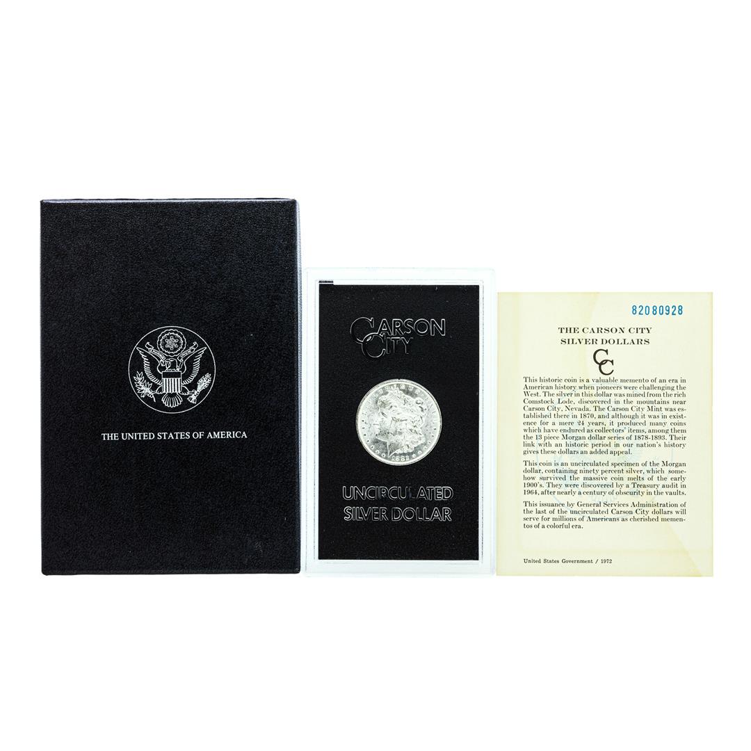 1882-CC $1 Morgan Silver Dollar Coin GSA Hoard Uncirculated w/ Box & COA: One 1882-CC $1 Morgan Silver Dollar Coin GSA Hoard Uncirculated w/ Box & COA.