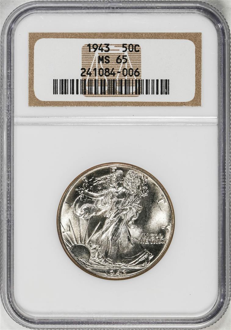 1943 Walking Liberty Half Dollar Coin NGC MS65: One 1943 Walking Liberty Half Dollar Coin NGC MS65. NGC Certified.