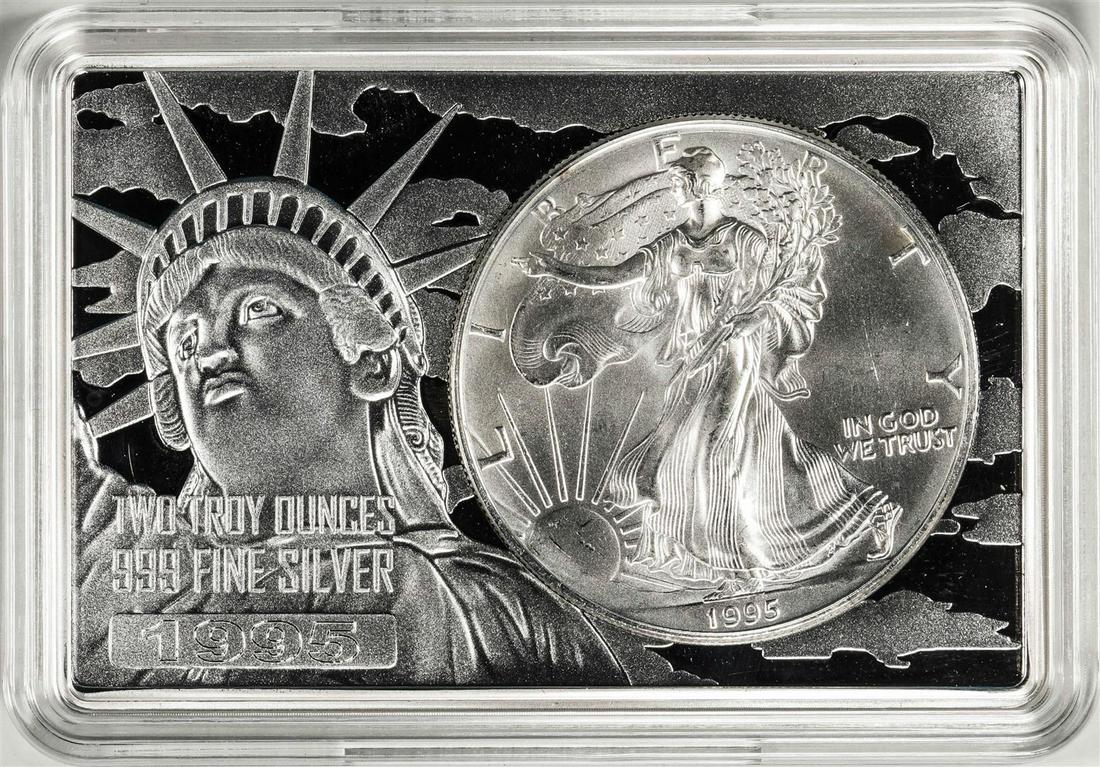 1995 $1 American Silver Eagle Coin & 2oz Silver Bar Set: One 1995 $1 American Silver Eagle Coin & 2oz Silver Bar Set.