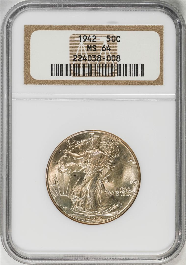 1942 Walking Liberty Half Dollar Coin NGC MS64: One 1942 Walking Liberty Half Dollar Coin NGC MS64. NGC Certified.