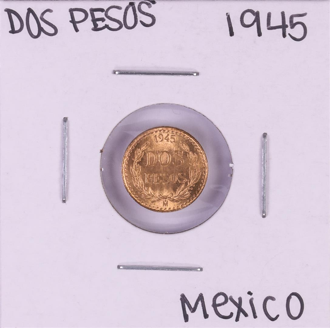 1945 Mexico Dos Pesos Gold Coin: One 1945 Mexico Dos Pesos Gold Coin.