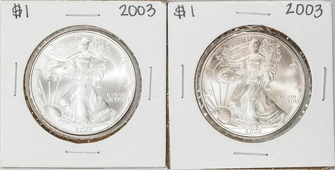 Lot of (2) 2003 $1 American Silver Eagle Coins: One Lot of (2) 2003 $1 American Silver Eagle Coins.