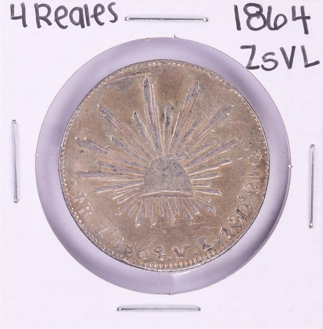 1864 ZsVL Mexico 4 Reales Silver Coin: One 1864 ZsVL Mexico 4 Reales Silver Coin.