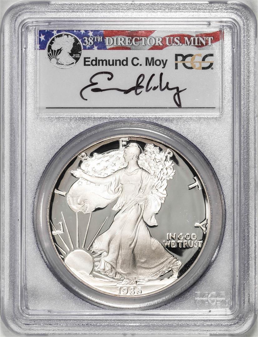 1986-S $1 Proof American Silver Eagle Coin PCGS PR69DCAM Edmund Moy Signature: One 1986-S $1 Proof American Silver Eagle Coin PCGS PR69DCAM Edmund Moy Signature. PCGS Graded.
