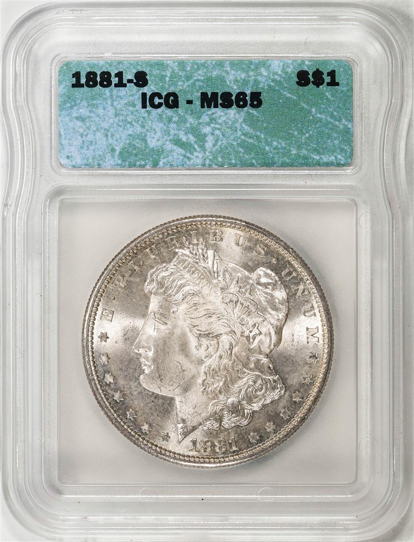 1881-S $1 Morgan Silver Dollar Coin ICG MS65: One 1881-S $1 Morgan Silver Dollar Coin ICG MS65. ICG Certified.