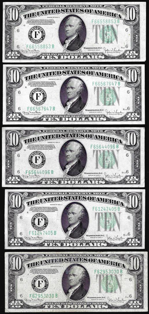 Lot of (5) 1934D $10 Federal Reserve Notes Atlanta: One Lot of (5) 1934D $10 Federal Reserve Notes Atlanta.