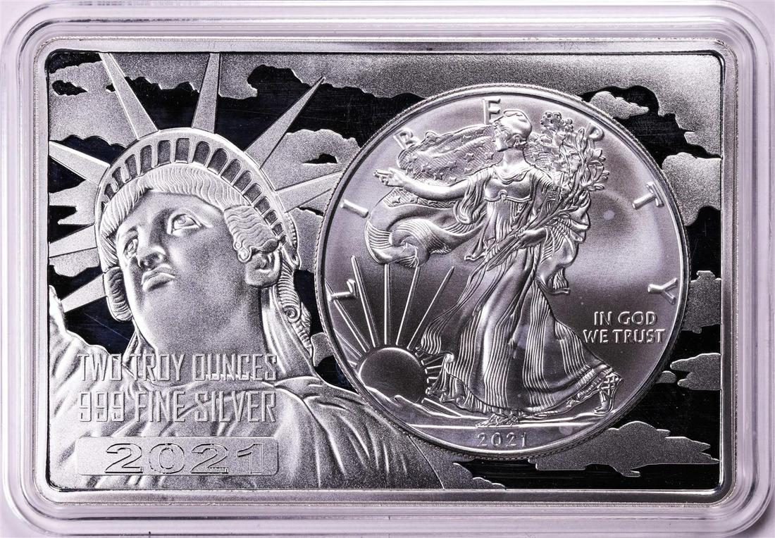2021 Type 1 $1 American Silver Eagle Coin & 2oz Silver Bar Set: One 2021 Type 1 $1 American Silver Eagle Coin & 2oz Silver Bar Set.