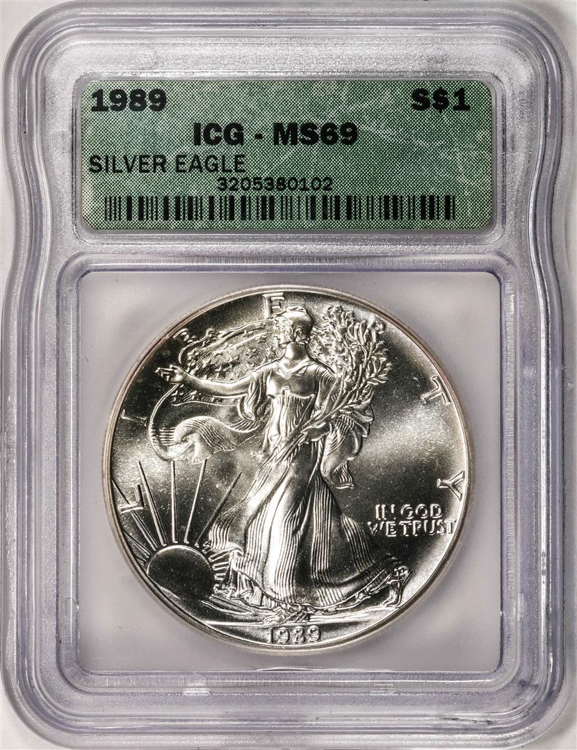 1989 American Silver Eagle Coin ICG MS69: One 1989 American Silver Eagle Coin ICG MS69. ICG Certified.