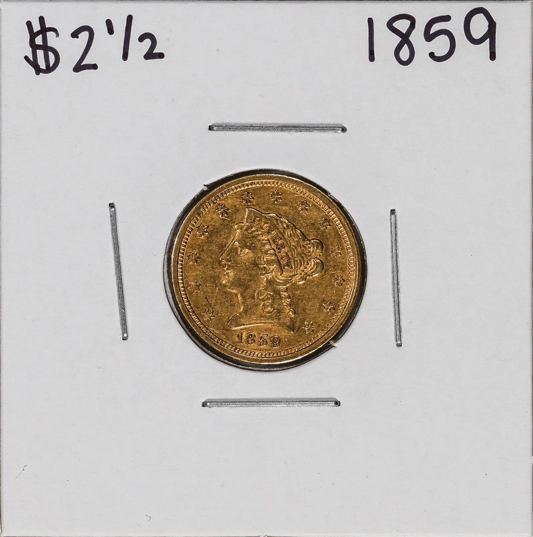 1859 $2 1/2 Liberty Head Quarter Eagle Gold Coin: One 1859 $2 1/2 Liberty Head Quarter Eagle Gold Coin.