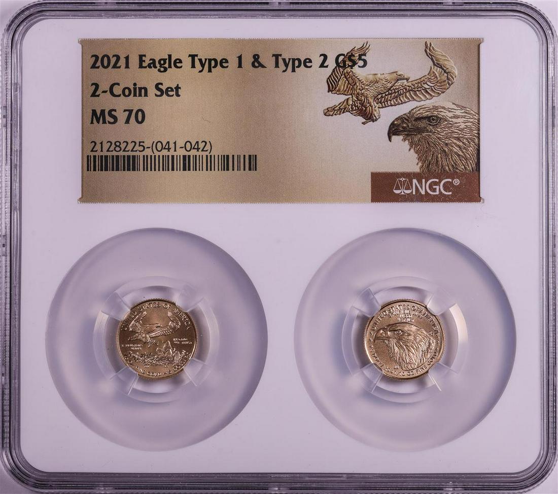Set of 2021 Type 1 & Type 2 $5 American Gold Eagle Coins NGC MS70: One Set of 2021 Type 1 & Type 2 $5 American Gold Eagle Coins NGC MS70. NGC Certified.