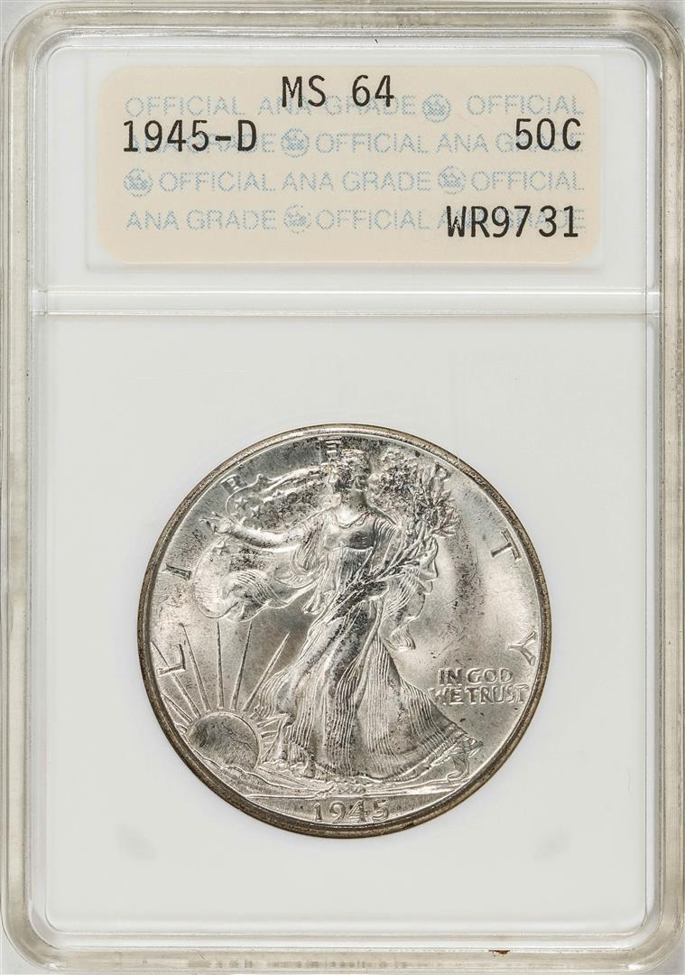1945-D Walking Liberty Half Dollar Coin ANA MS64 Old Soap Box Holder: One 1945-D Walking Liberty Half Dollar Coin ANA MS64 Old Soap Box Holder.