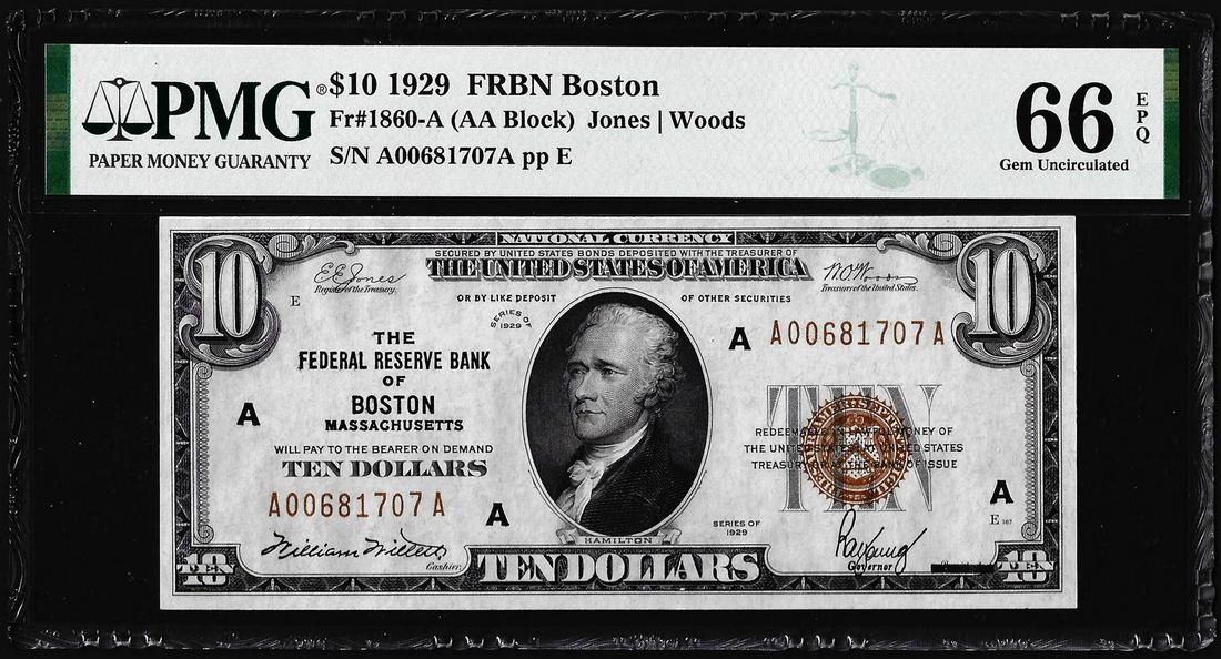 1929 $10 Federal Reserve Bank Note Boston Fr.1860-A PMG Gem Uncirculated 66EPQ: One 1929 $10 Federal Reserve Bank Note Boston Fr.1860-A PMG Gem Uncirculated 66EPQ. PMG Certified.