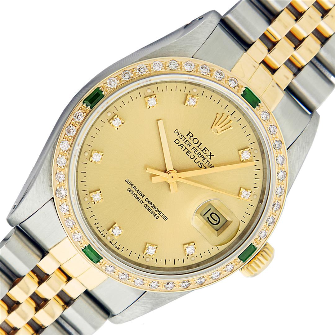 Rolex Men's Two Tone Champagne Diamond & Emerald Datejust Wristwatch: One Mens Yellow Gold Two Tone Rolex Datejust Polished, Serviced & Electronically Tested, Yellow Gold & Stainless Steel Case: 36mm, Rolex Yellow Gold Crown, Custom Bezel: New 18K Yellow Gold Emerald Be