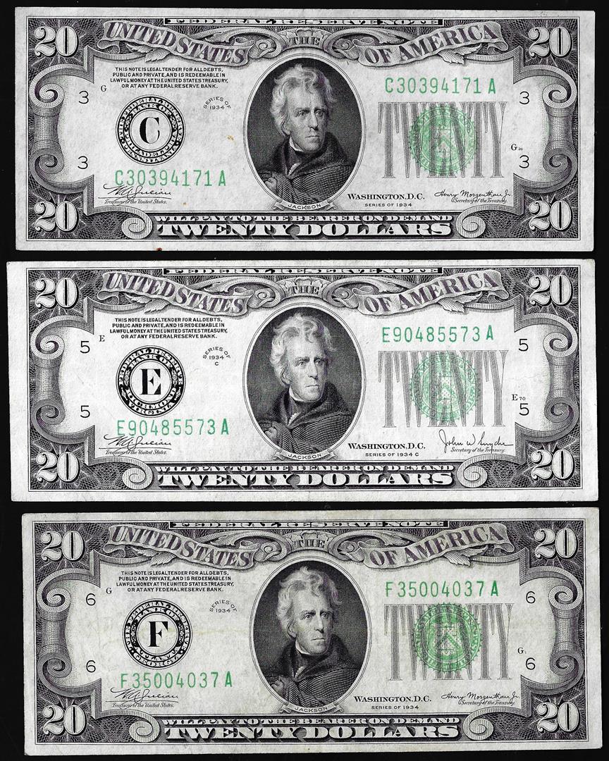 Lot of (3) 1934/1934C $20 Federal Reserve Notes: One Lot of (3) 1934/1934C $20 Federal Reserve Notes.