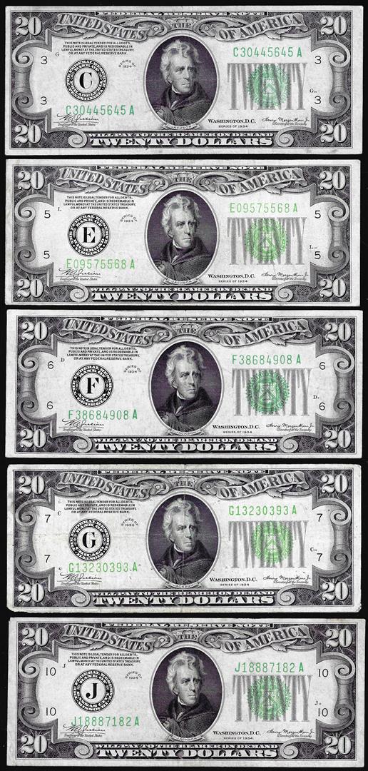 Lot of (5) 1934 $20 Federal Reserve Notes: One Lot of (5) 1934 $20 Federal Reserve Notes.
