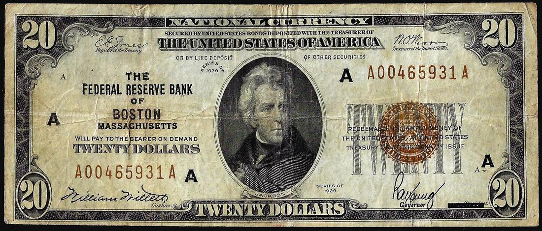 1929 $20 Federal Reserve Bank Note Boston: One 1929 $20 Federal Reserve Bank Note Boston.