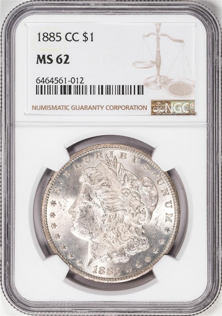 1885-CC $1 Morgan Silver Dollar Coin NGC MS62: One 1885-CC $1 Morgan Silver Dollar Coin NGC MS62. NGC Certified.