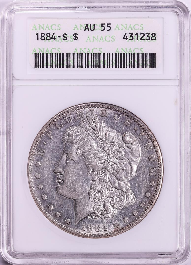 1884-S $1 Morgan Silver Dollar Coin ANACS AU55 Old Soap Box Holder: One 1884-S $1 Morgan Silver Dollar Coin ANACS AU55 Old Soap Box Holder. ANACS Certified.