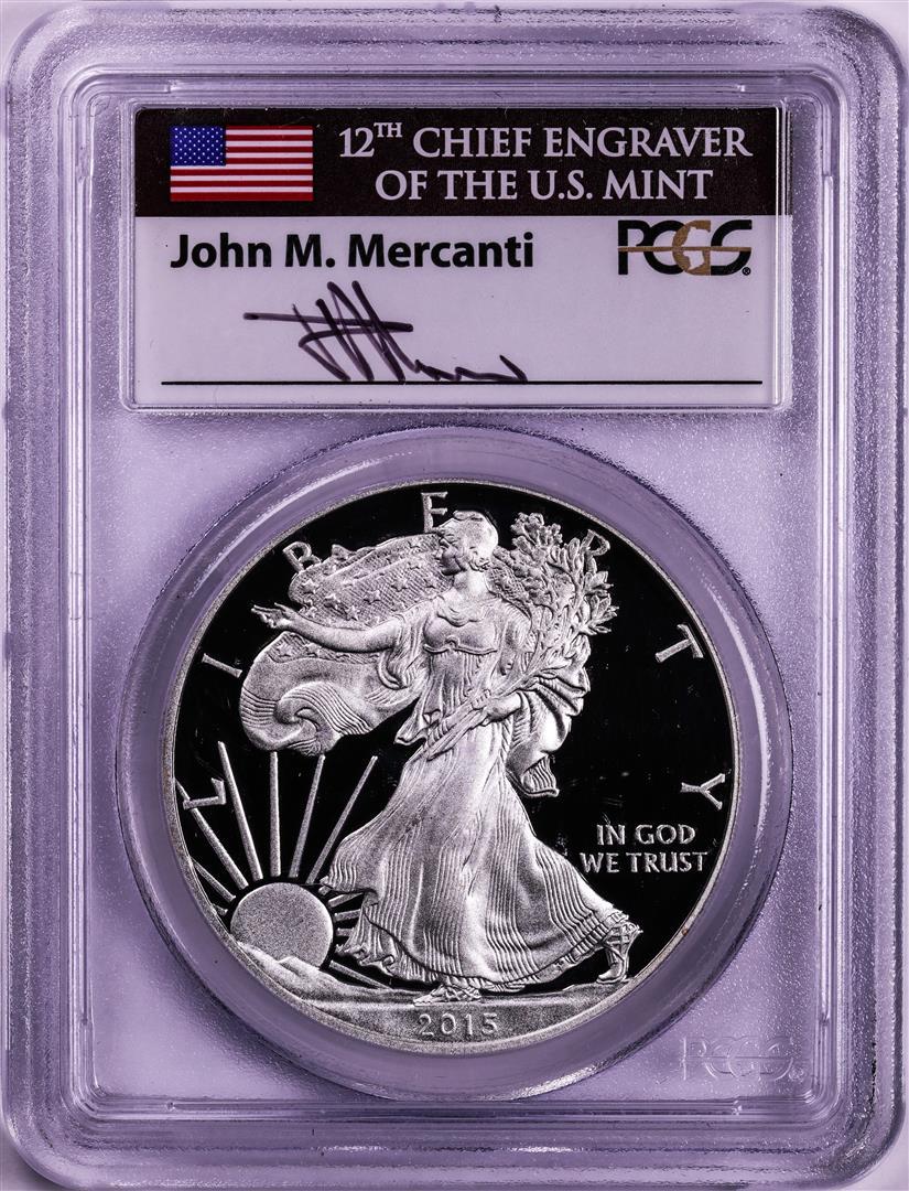 2015-W $1 Proof American Silver Eagle Coin PCGS PR70DCAM FDOI Mercanti Signature: One 2015-W $1 Proof American Silver Eagle Coin PCGS PR70DCAM FDOI Mercanti Signature. PCGS Graded.