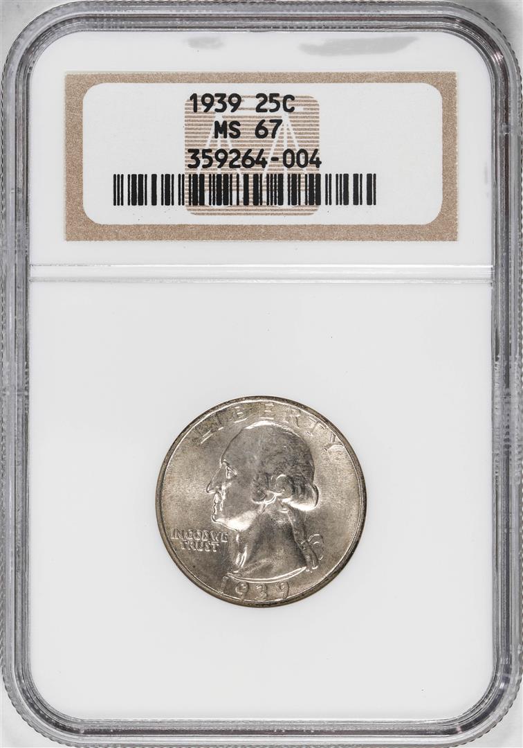 1939 Washington Quarter Coin NGC MS67: One 1939 Washington Quarter Coin NGC MS67. NGC Certified.