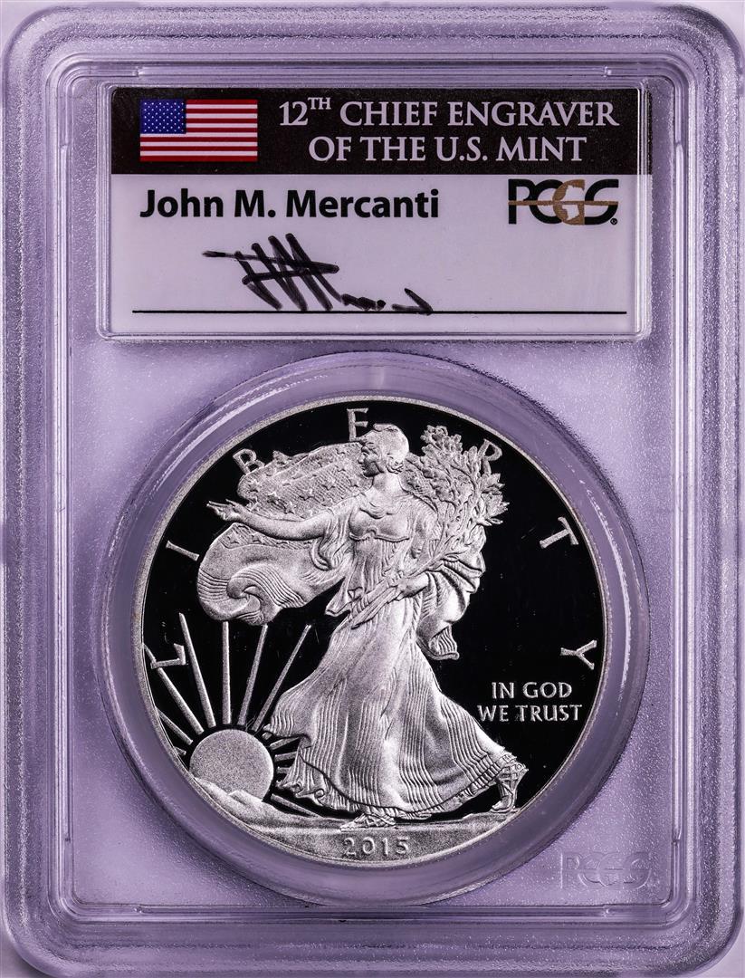 2015-W $1 Proof American Silver Eagle Coin PCGS PR70DCAM FDOI Mercanti Signature: One 2015-W $1 Proof American Silver Eagle Coin PCGS PR70DCAM FDOI Mercanti Signature. PCGS Graded.