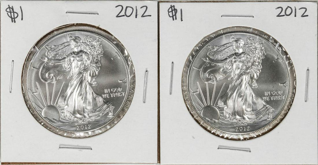 Lot of (2) 2012 $1 American Silver Eagle Coins: One Lot of (2) 2012 $1 American Silver Eagle Coins.