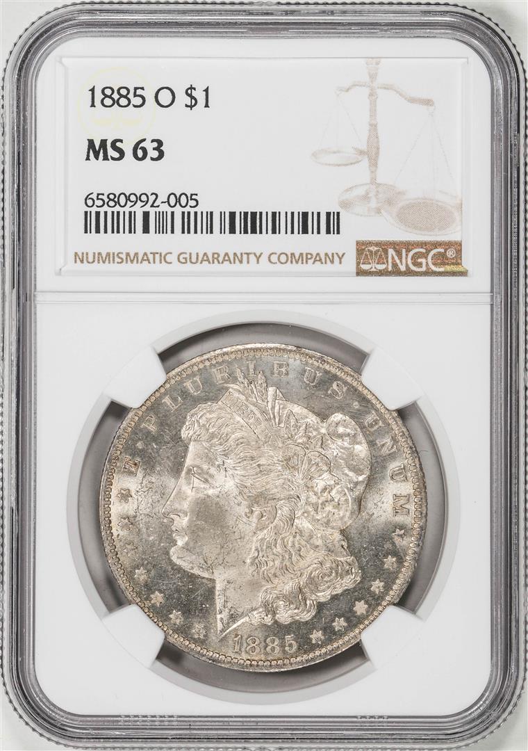 1885-O $1 Morgan Silver Dollar Coin NGC MS63: One 1885-O $1 Morgan Silver Dollar Coin NGC MS63. NGC Certified.