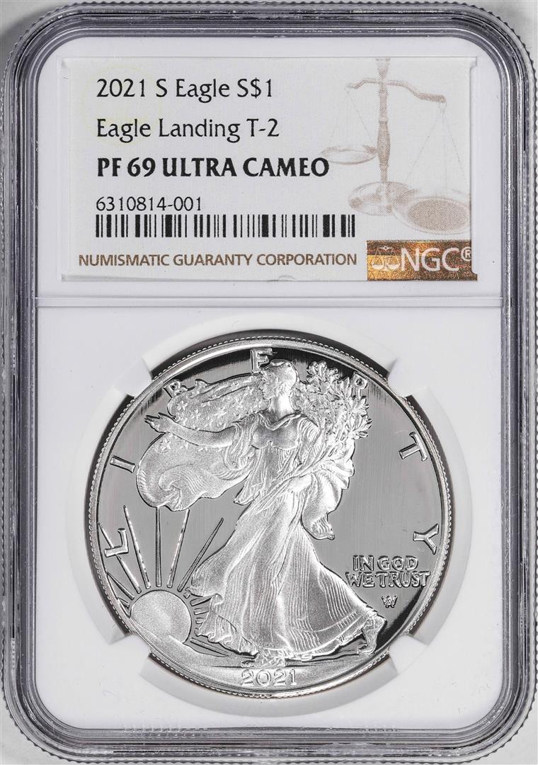 2021-S T-2 Eagle Landing $1 Proof American Silver Eagle Coin NGC PF69 Ultra Cameo: One 2021-S T-2 Eagle Landing $1 Proof American Silver Eagle Coin NGC PF69 Ultra Cameo. NGC Certified.