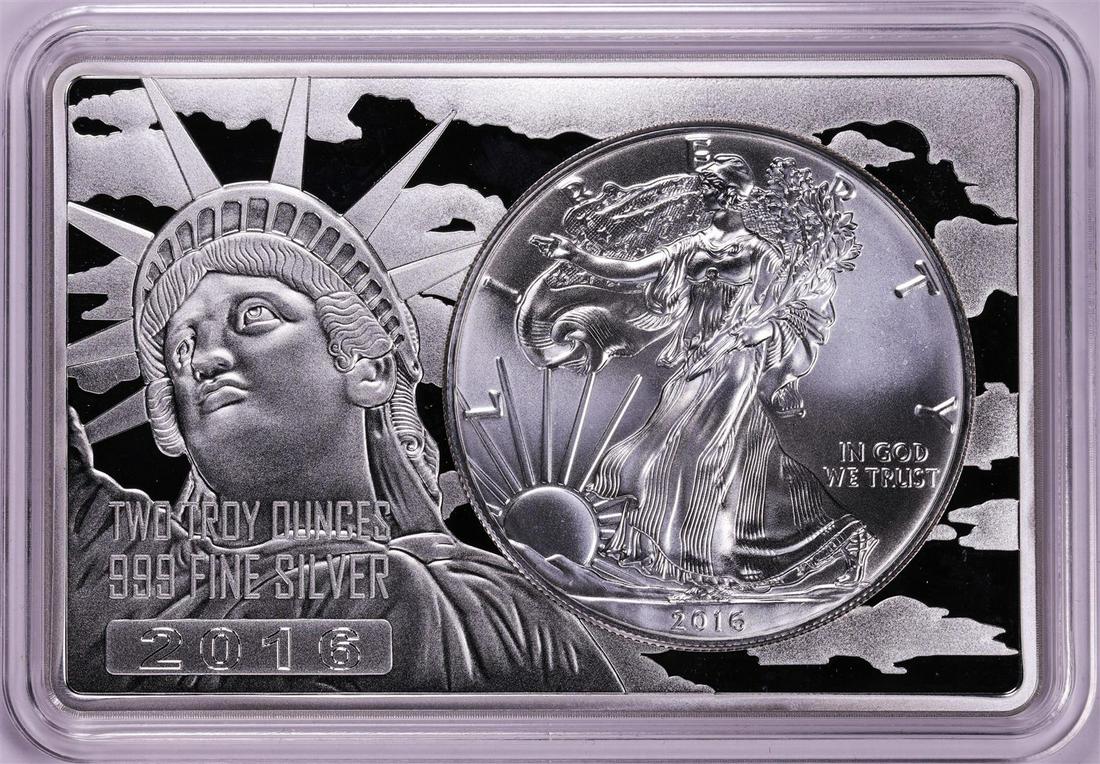 2016 $1 American Silver Eagle Coin & 2oz Silver Bar Set: One 2016 $1 American Silver Eagle Coin & 2oz Silver Bar Set.