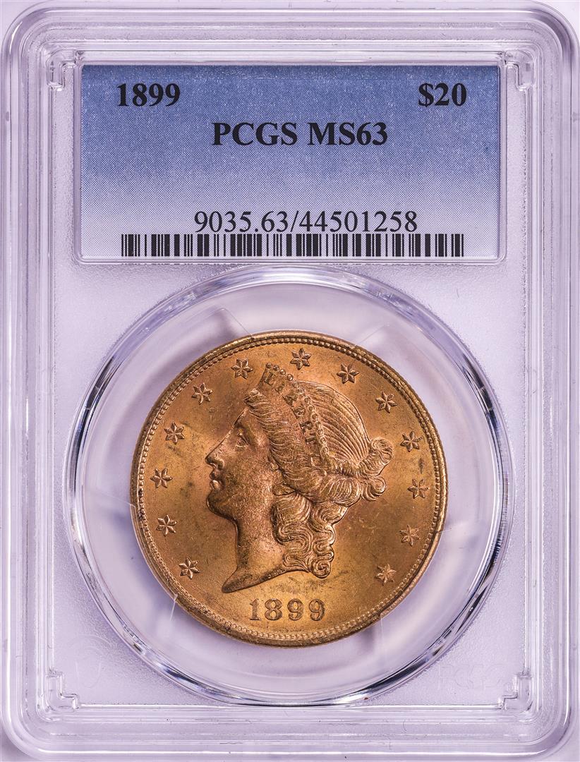 1899 $20 Liberty Head Double Eagle Gold Coin PCGS MS63: One 1899 $20 Liberty Head Double Eagle Gold Coin PCGS MS63. PCGS Graded.