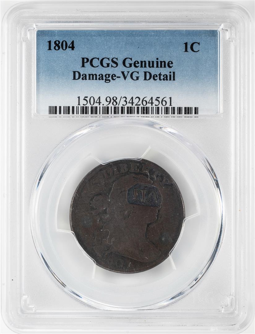 1804 Draped Bust Large Cent Coin PCGS Genuine Damage VG Detail: One 1804 Draped Bust Large Cent Coin PCGS Genuine Damage VG Detail. PCGS Graded.