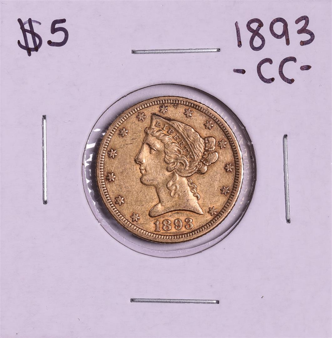 1893-CC $5 Liberty Head Half Eagle Gold Coin: One 1893-CC $5 Liberty Head Half Eagle Gold Coin.