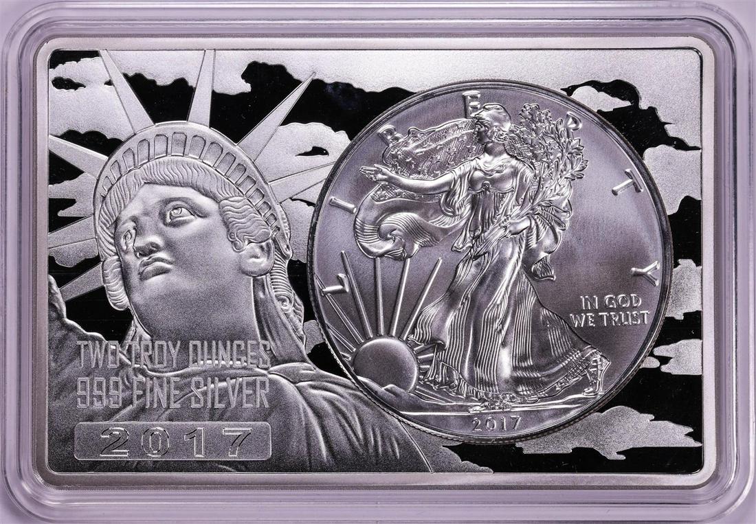 2017 $1 American Silver Eagle Coin & 2oz Silver Bar Set: One 2017 $1 American Silver Eagle Coin & 2oz Silver Bar Set.