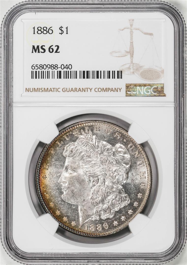 1886 $1 Morgan Silver Dollar Coin NGC MS62 Nice Toning: One 1886 $1 Morgan Silver Dollar Coin NGC MS62 Nice Toning. NGC Certified.