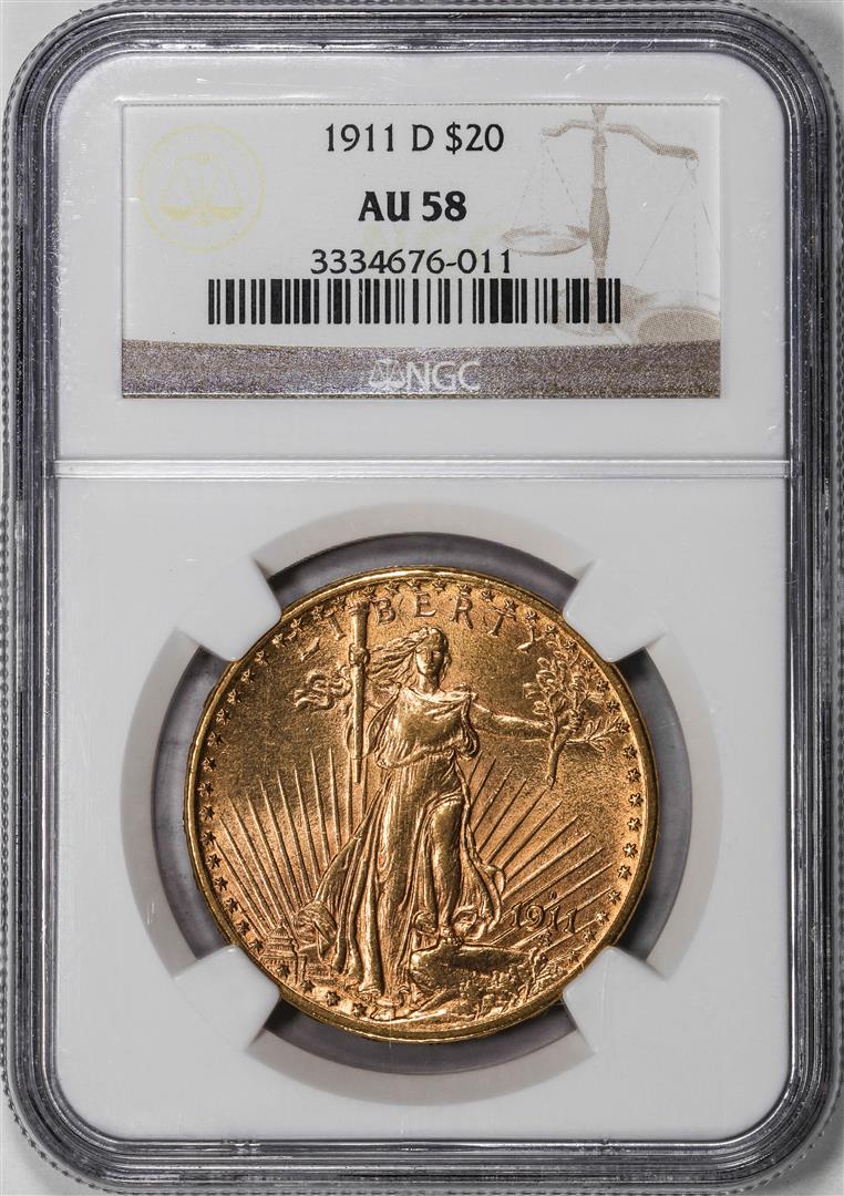 1911-D $20 St. Gaudens Double Eagle Gold Coin NGC AU58: One 1911-D $20 St. Gaudens Double Eagle Gold Coin NGC AU58. NGC Certified.