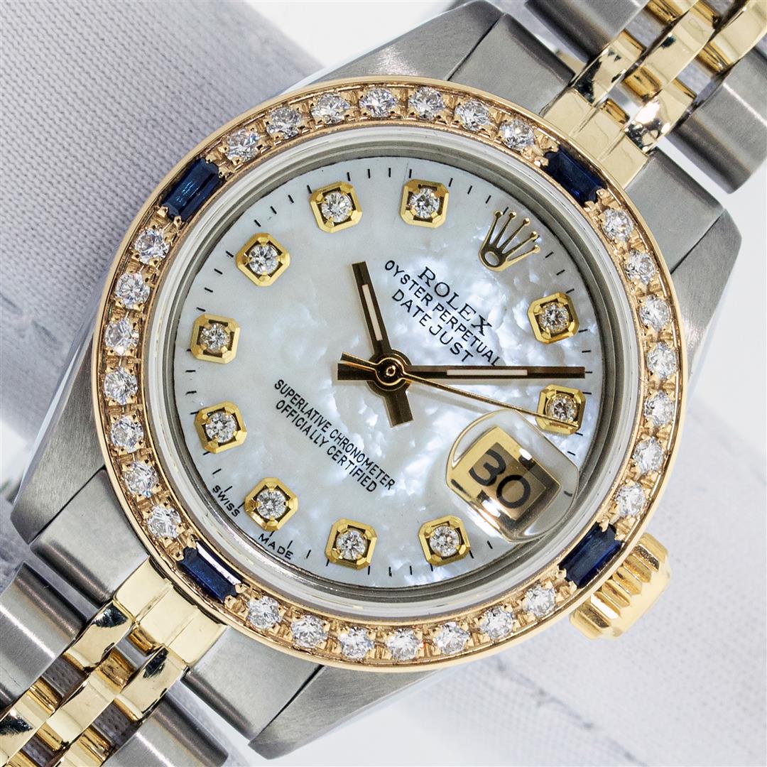 Rolex Ladies Two Tone Sapphire & Diamond Datejust Watch With Rolex Box: One Ladies Two Tone Yellow Gold And Stainless Steel Rolex Datejust Polished, Serviced & Electronically Tested, Yellow Gold & Stainless Steel Case: 26mm, Rolex Yellow Gold Crown, Custom Bezel: New 18K